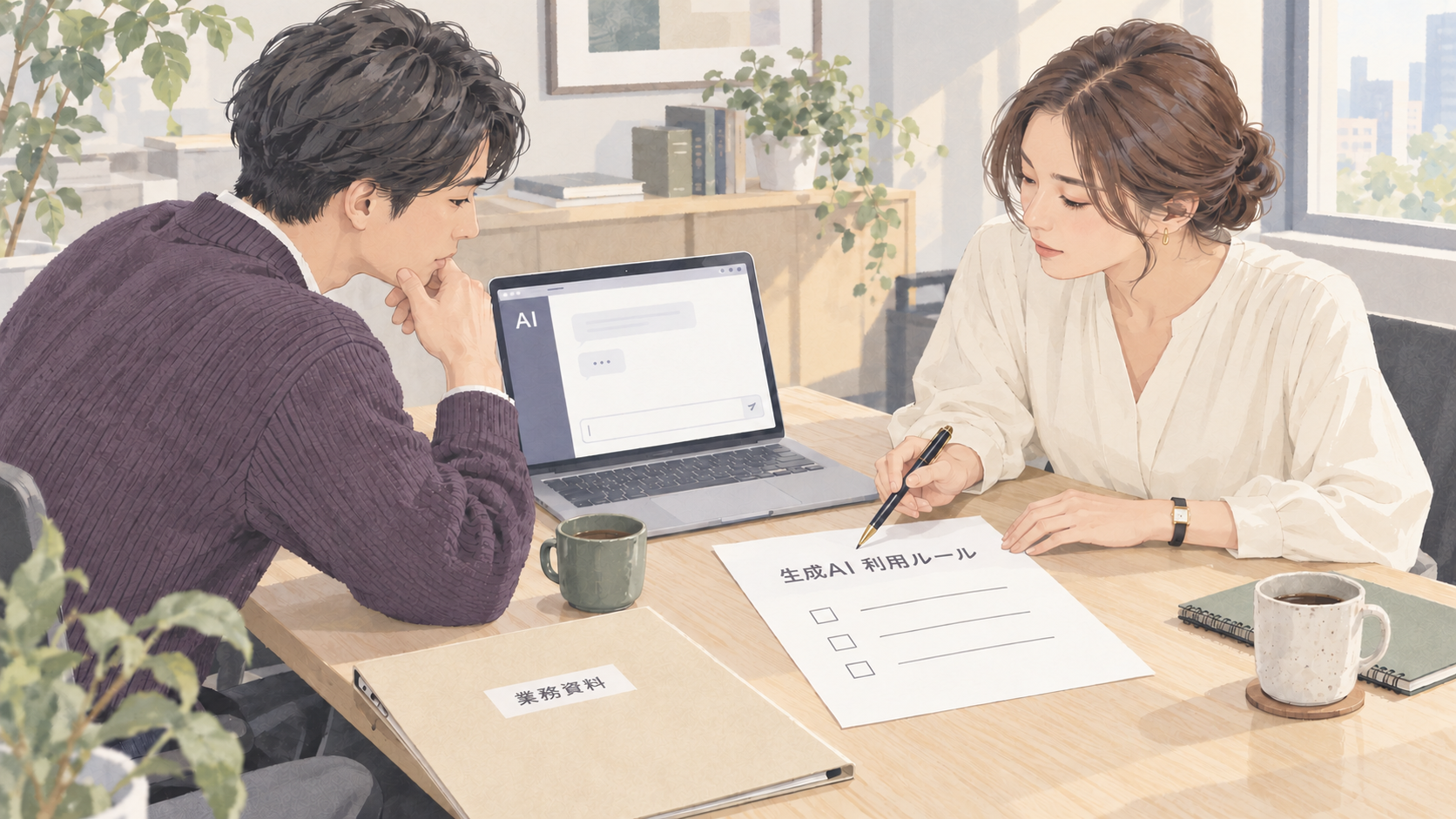 社員2人が、生成AIの画面と社内の利用ルールを見ながら、業務資料の扱いを打ち合わせている場面