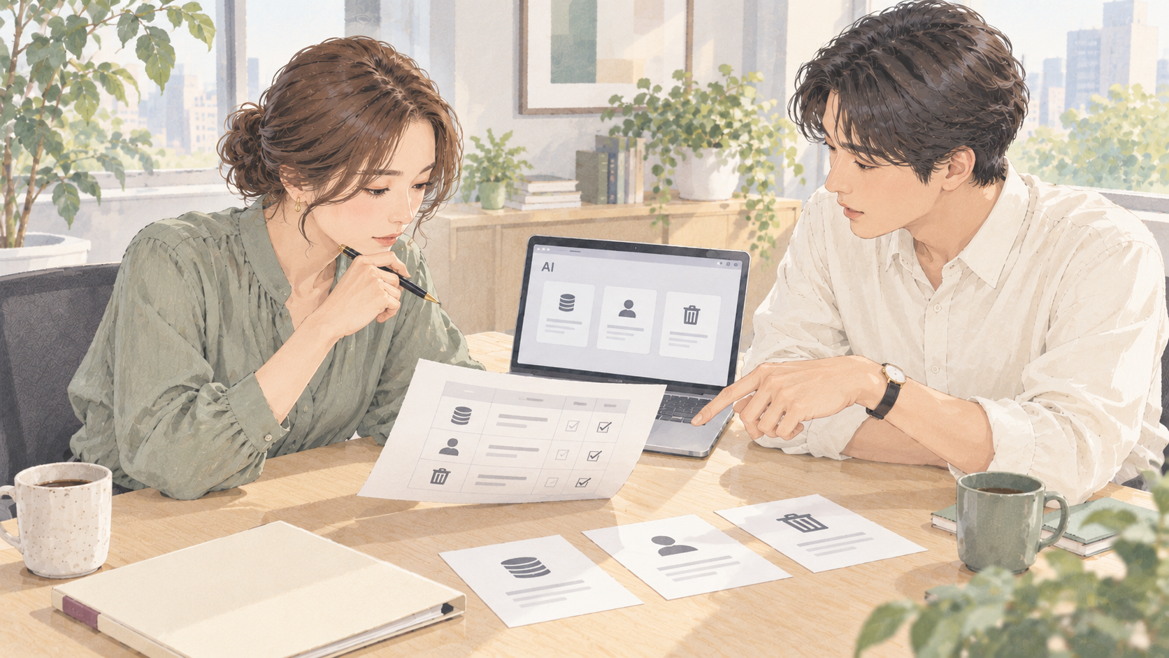 社員2人がAIサービスのデータ管理・利用者管理・削除条件を比較表で検討するイラスト