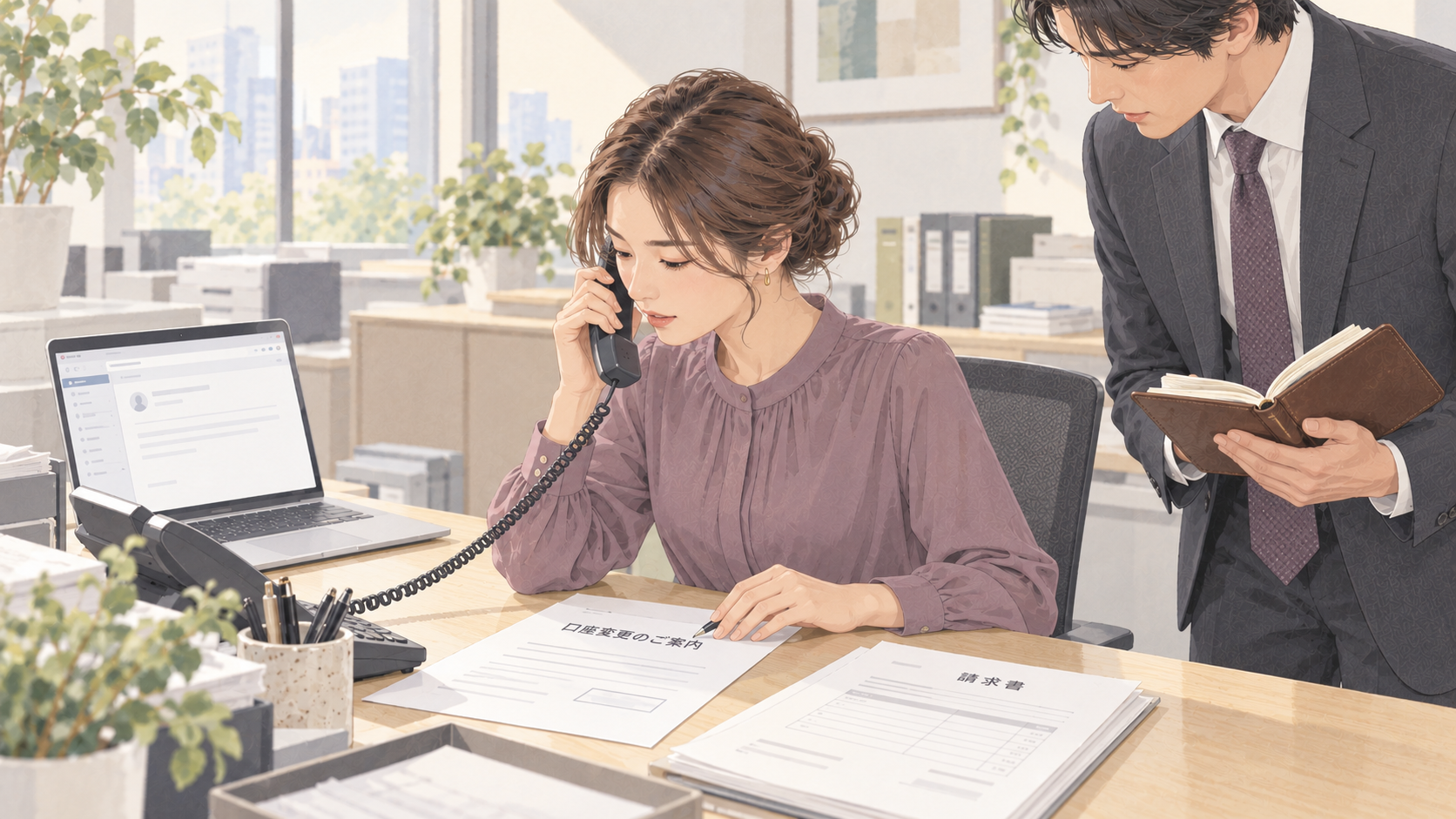 経理担当者が振込先変更の書類を前に、既知の連絡先へ電話で確認する場面のイラスト