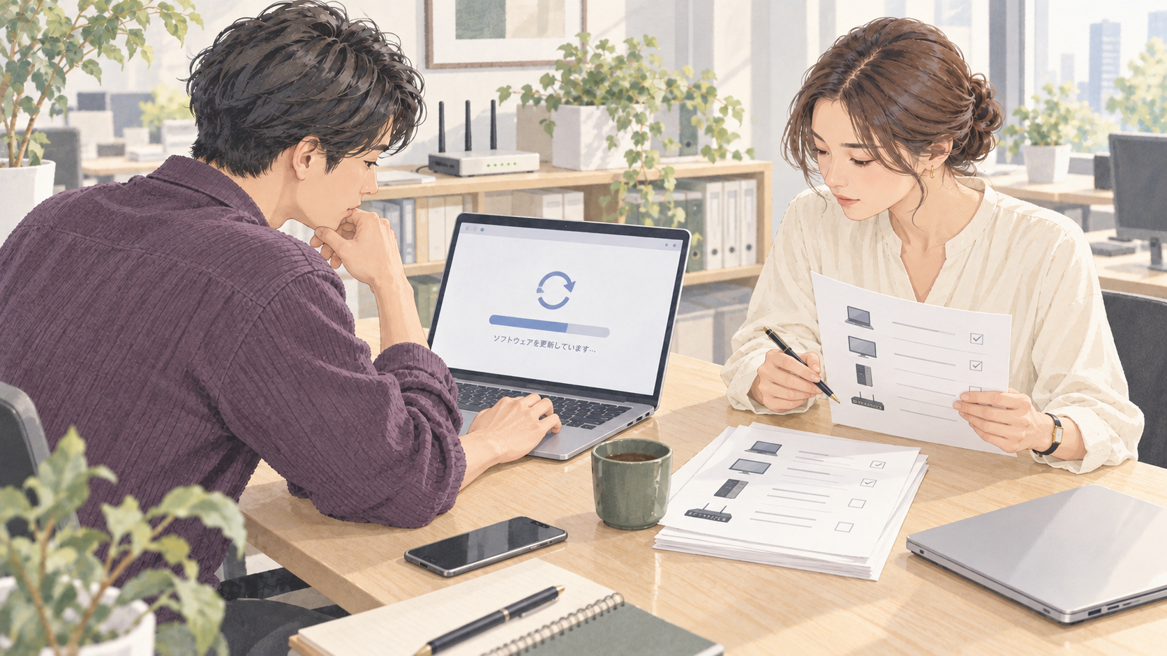 社員2人がパソコンの更新画面と端末台帳を確認する場面のイラスト
